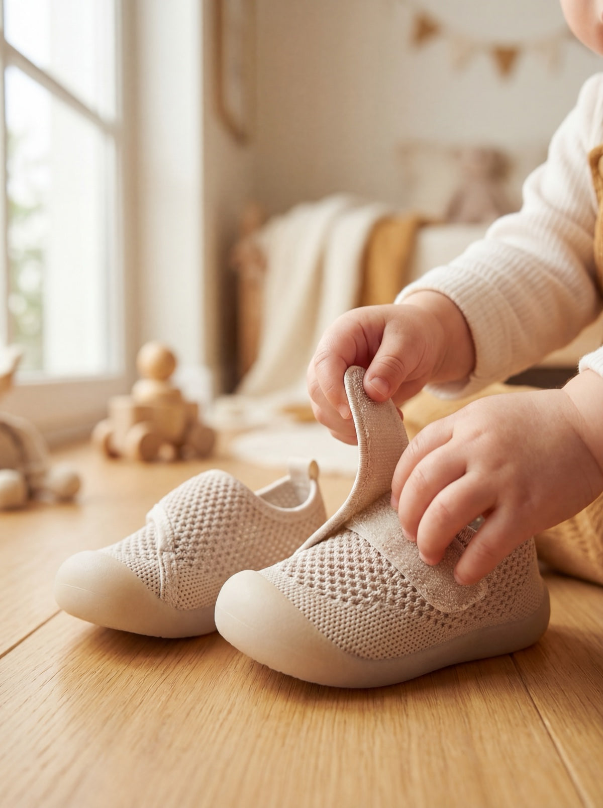 Puschies Barfußschuhe — Kinderhände am Klettverschluss